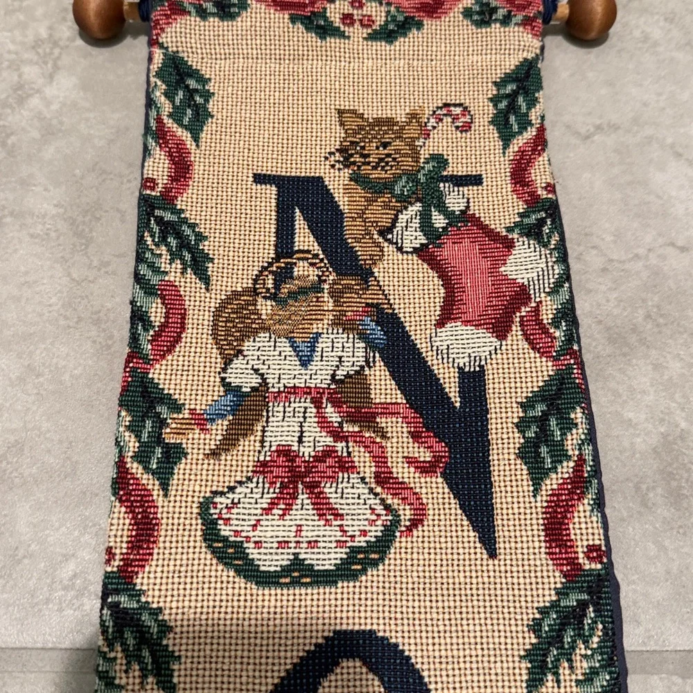 Vintage NOEL Needlepoint Vertical Tapestry Wall Hanging in Cream and Navy